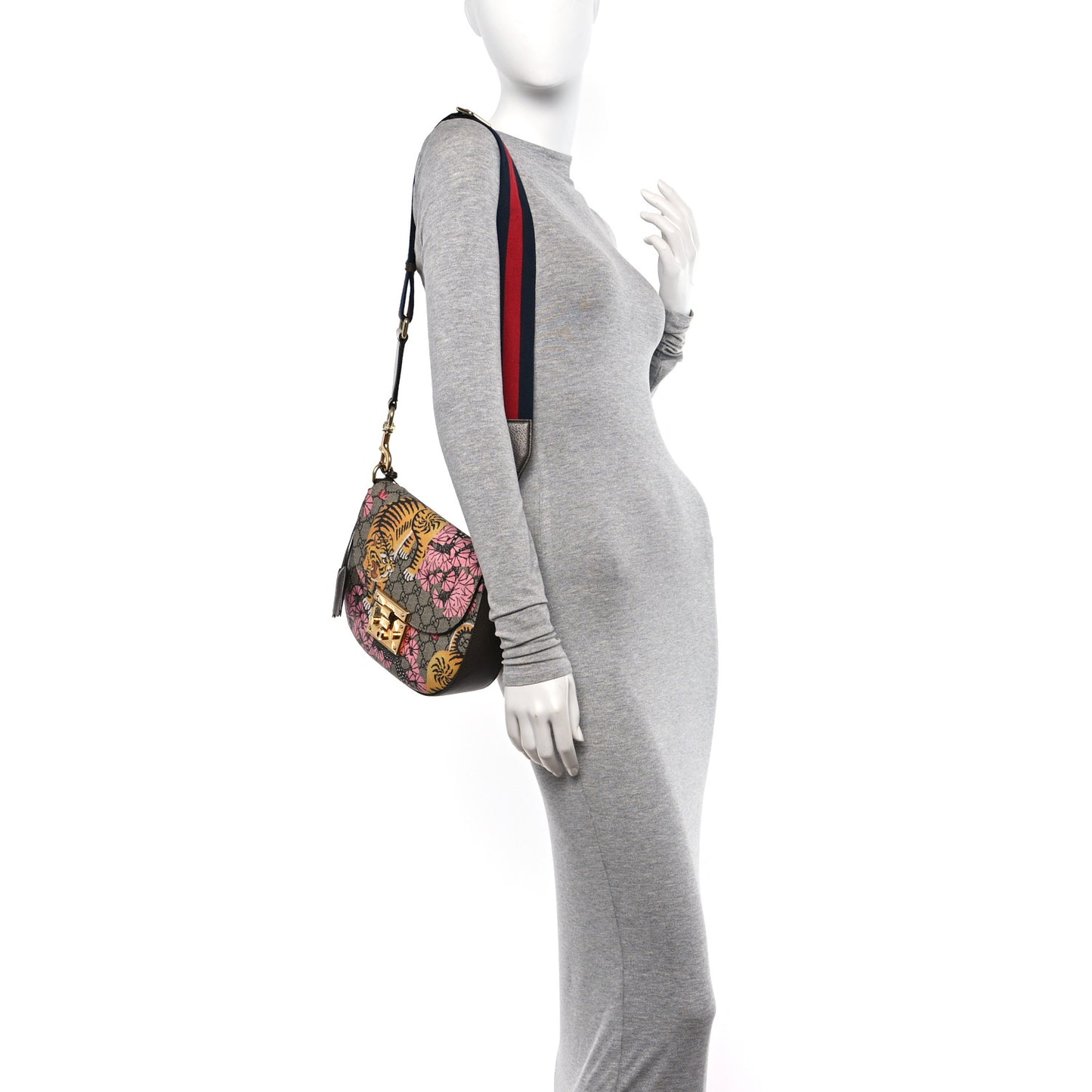 GG Supreme Monogram Bengal Web Medium Padlock Messenger Shoulder Bag Beige Pink