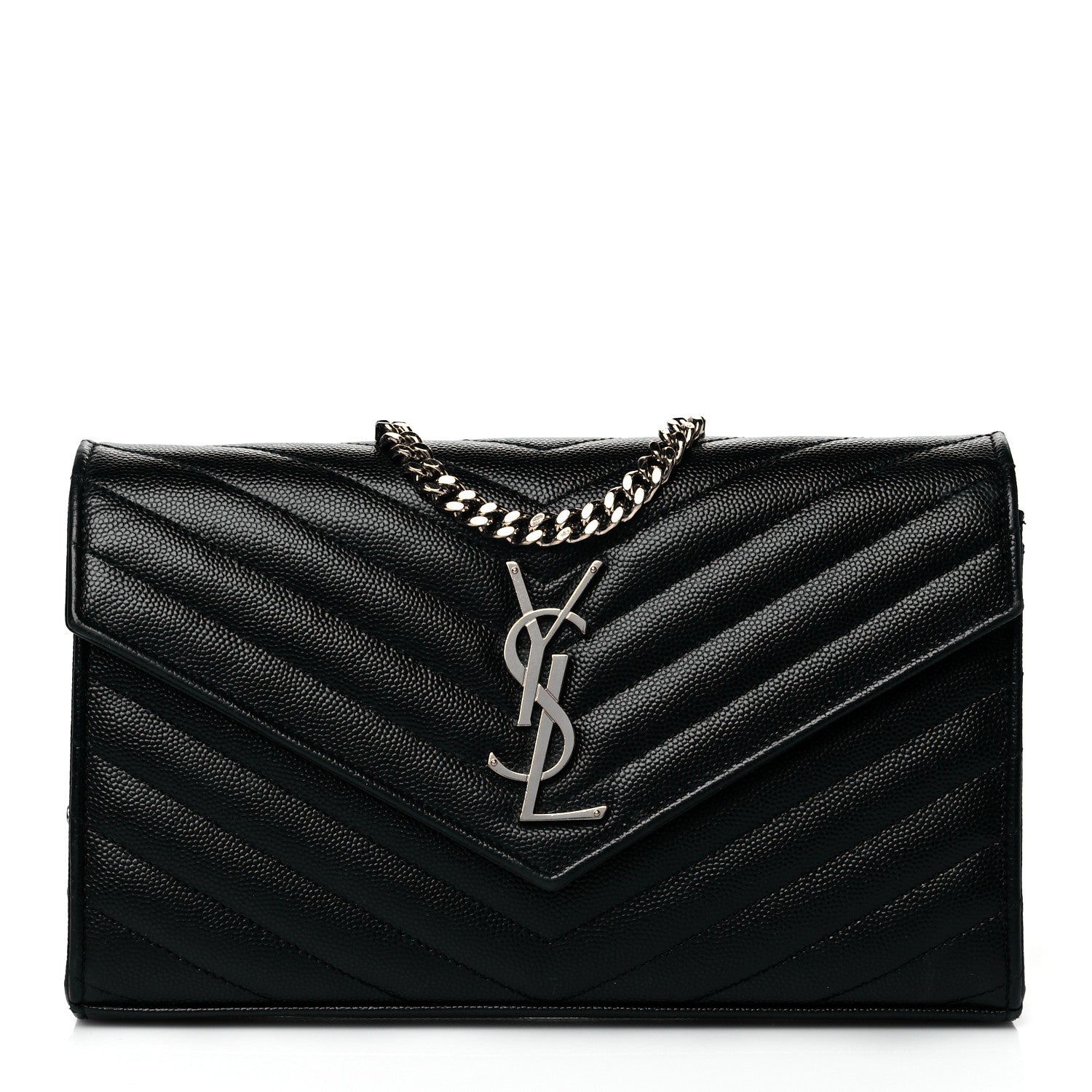 Saint Laurent Grain De Poudre Matelasse Chevron Monogram Chain Wallet Black 1 of 10