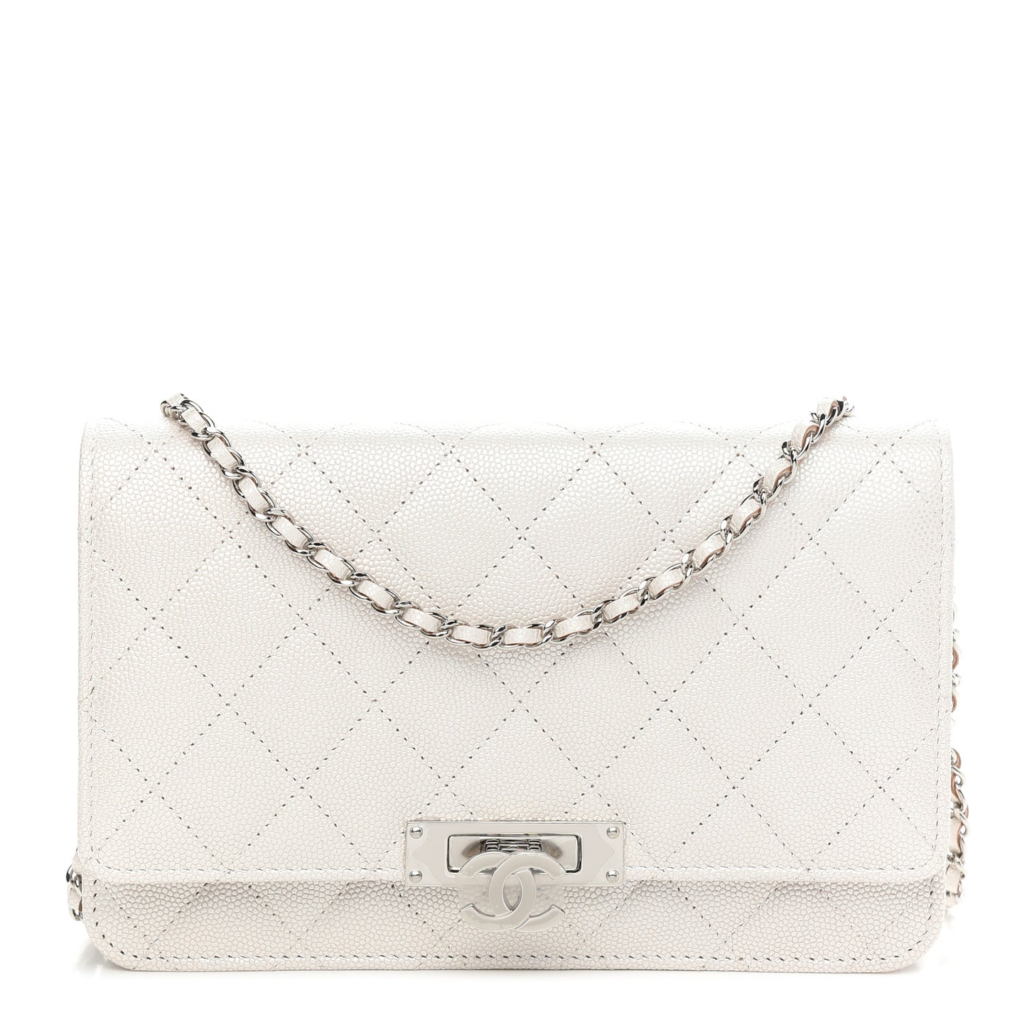 Iridescent Caviar Quilted Golden Class Wallet On Chain WOC White