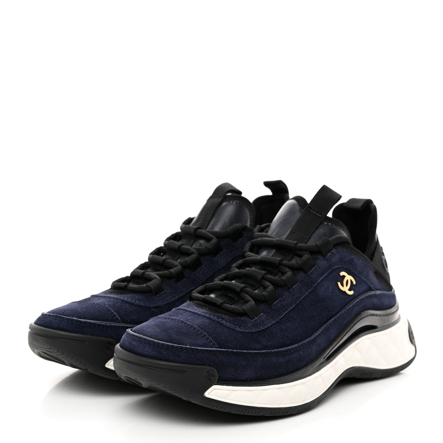 Chanel Suede Calfskin Nylon Grosgrain CC Sneakers 38.5 Navy Blue 3 of 9