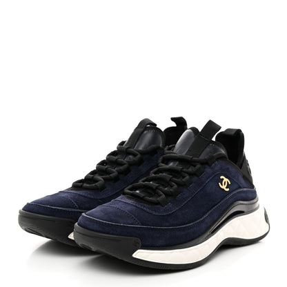 Chanel Suede Calfskin Nylon Grosgrain CC Sneakers 38.5 Navy Blue 3 of 9