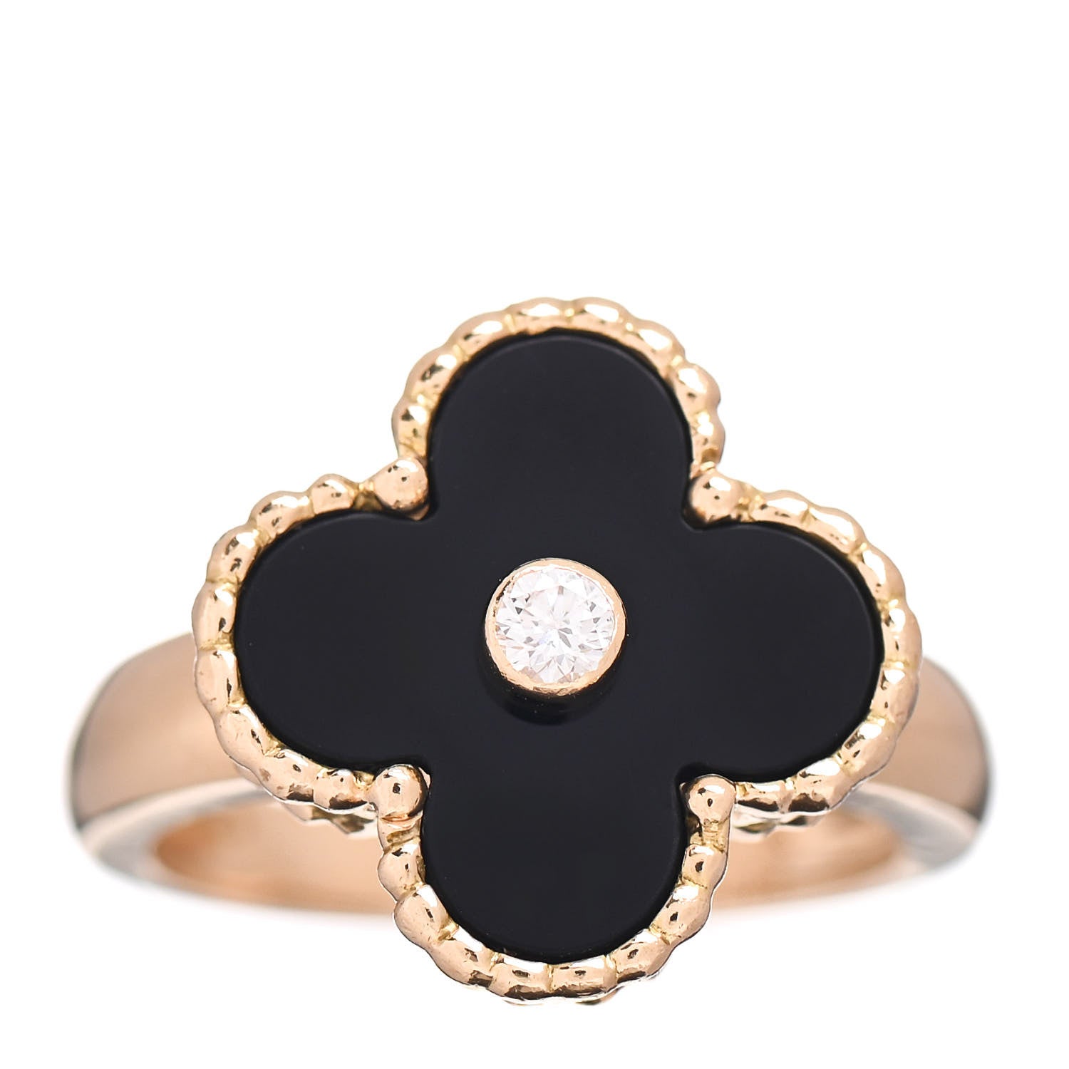 Van Cleef & Arpels 18K Yellow Gold Diamond Black Onyx Vintage Alhambra Ring 48 4.5 1 of 6