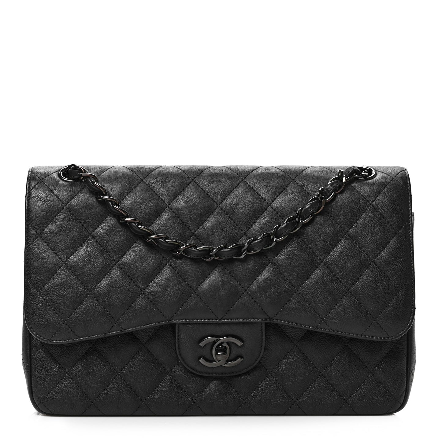 Crumpled Calfskin Quilted Jumbo Double Flap So Black