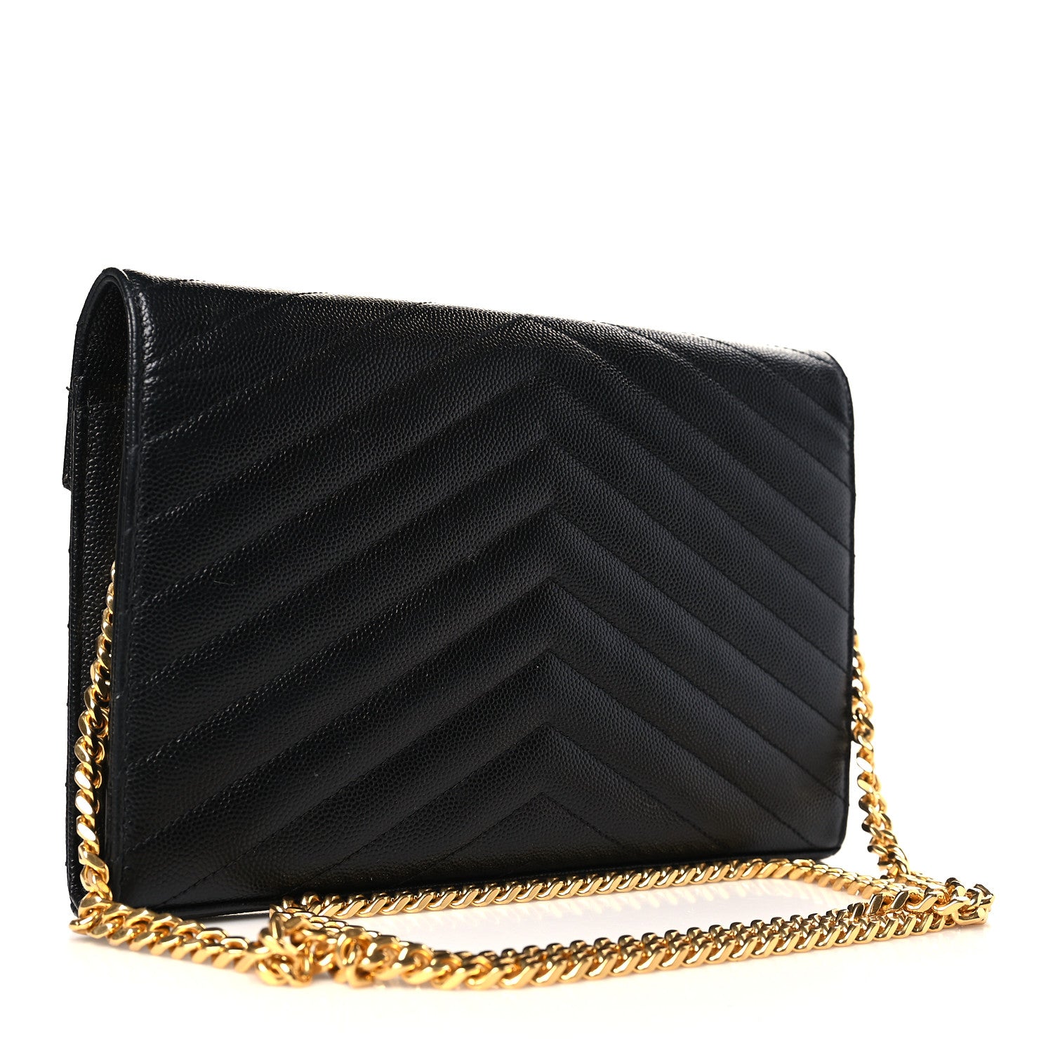 Saint Laurent Grain De Poudre Matelasse Chevron Monogram Chain Wallet Black 3 of 9