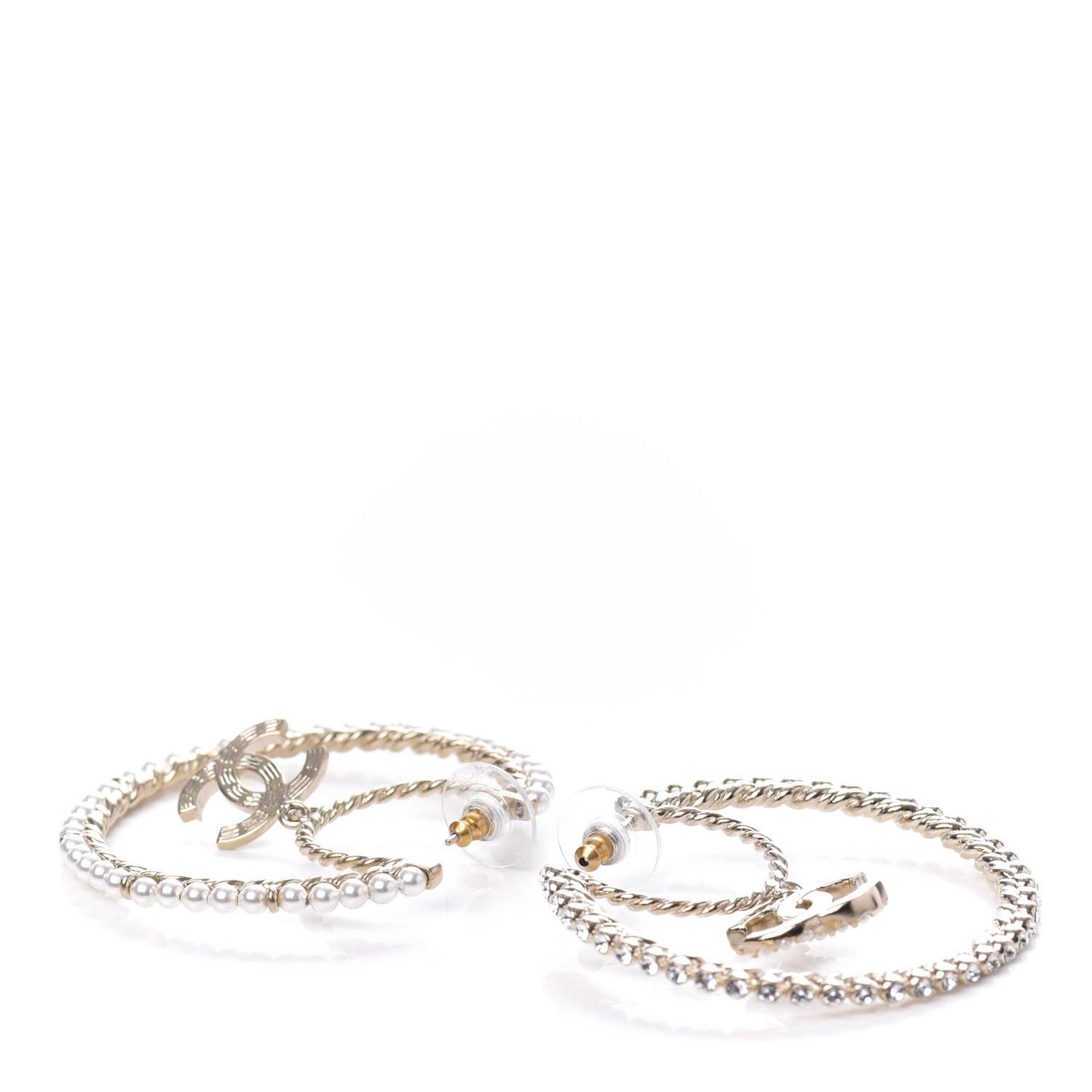 Crystal Pearl CC Drop Hoop Earrings Gold Pearly White