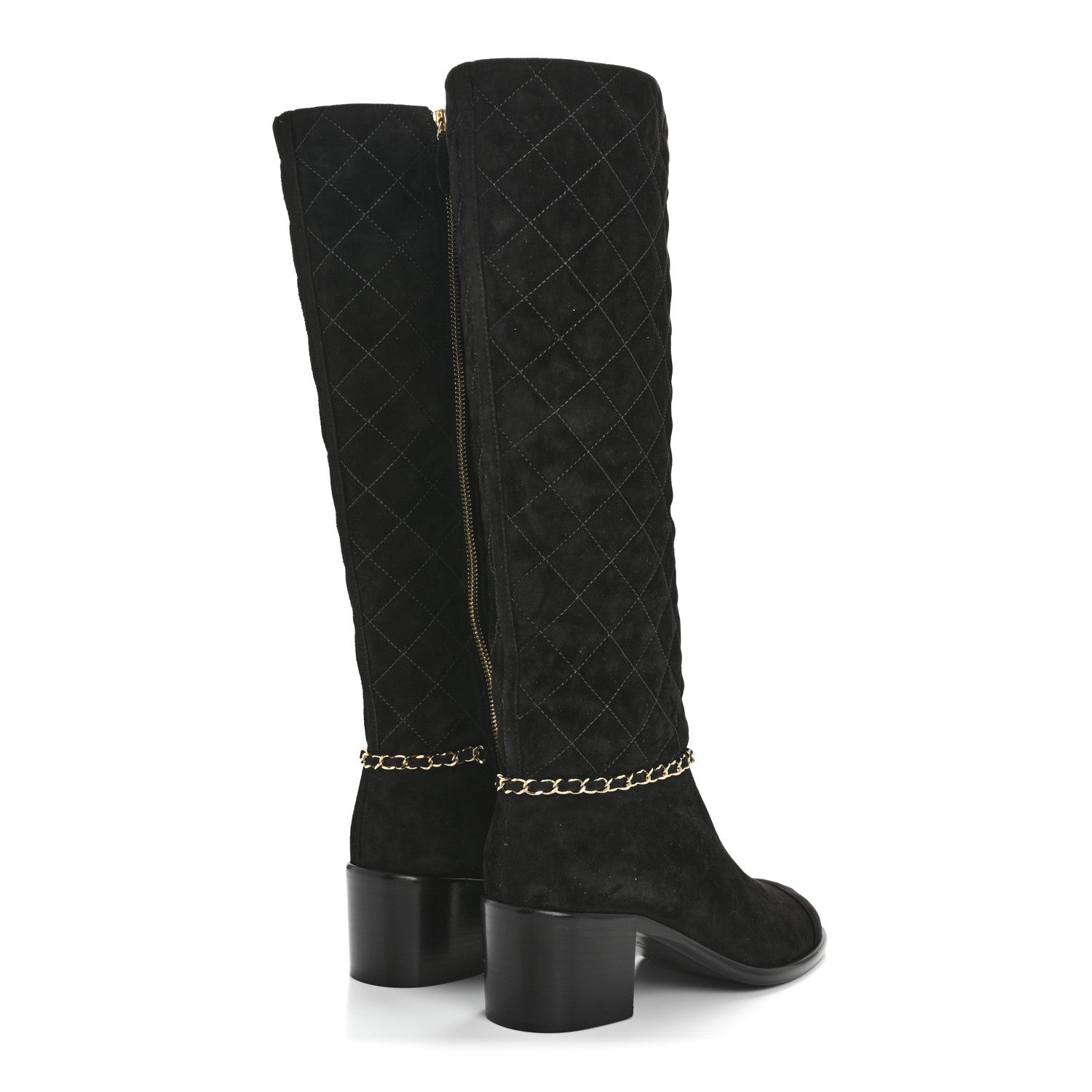 Chanel Suede Calfskin Quilted Chain Knee High Boots 39 Black 4 of 9