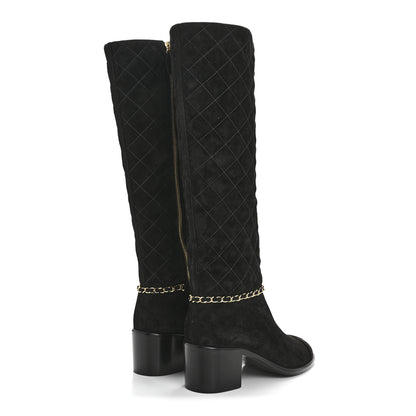 Chanel Suede Calfskin Quilted Chain Knee High Boots 39 Black 4 of 9