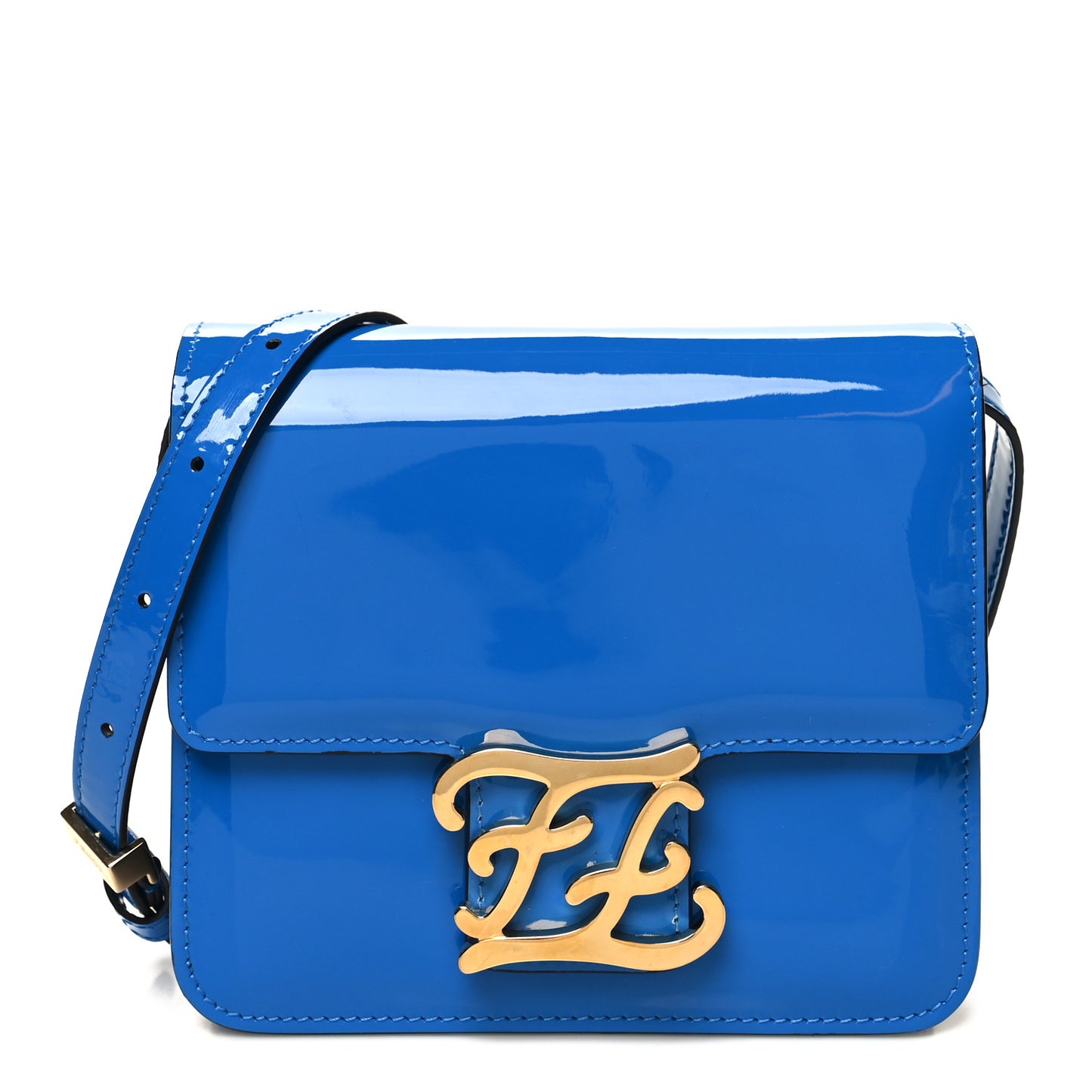 Vitello Vernice Mou Karligraphy Crossbody Bag Bluette