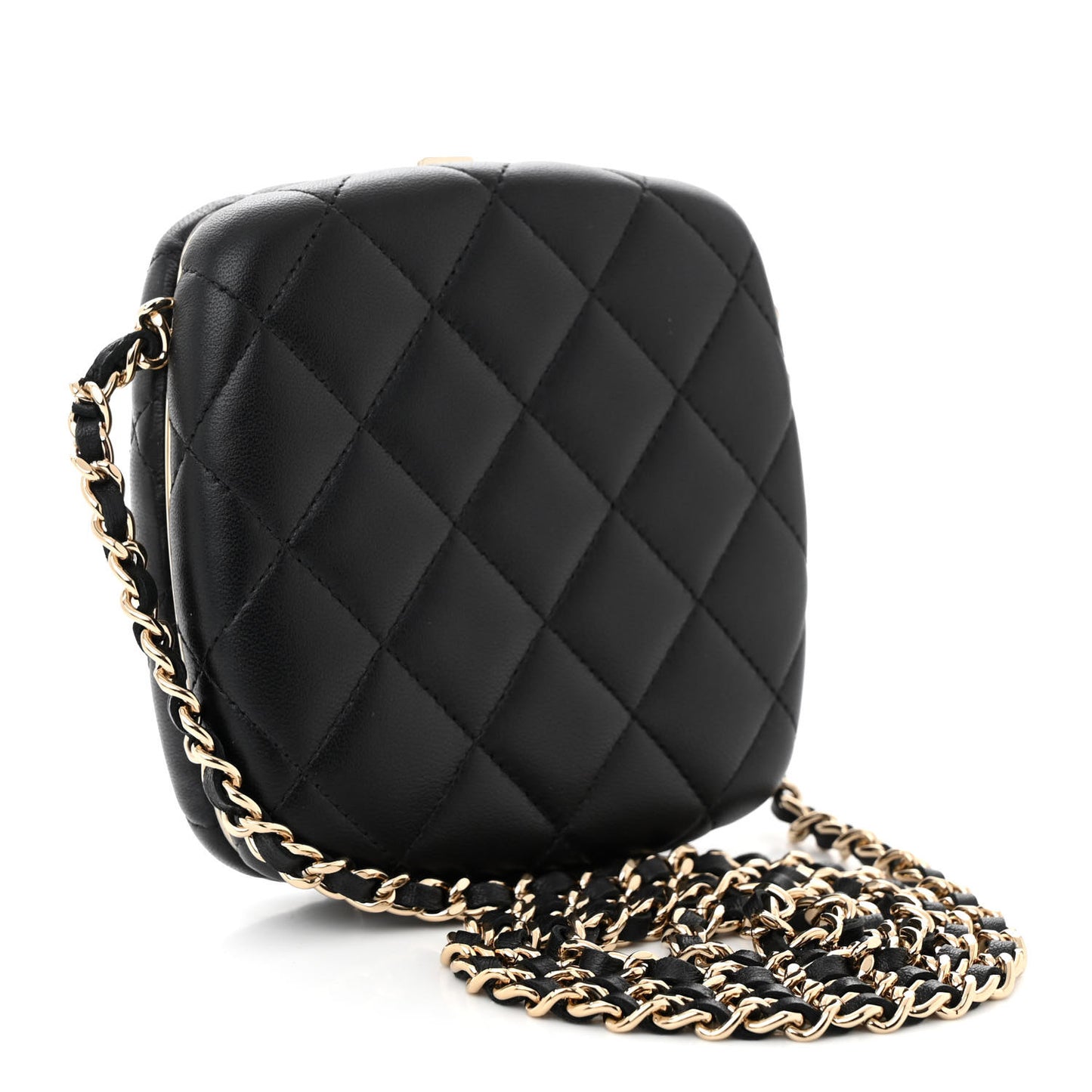 Lambskin Quilted Compact Vanity Case Purse With Chain Black