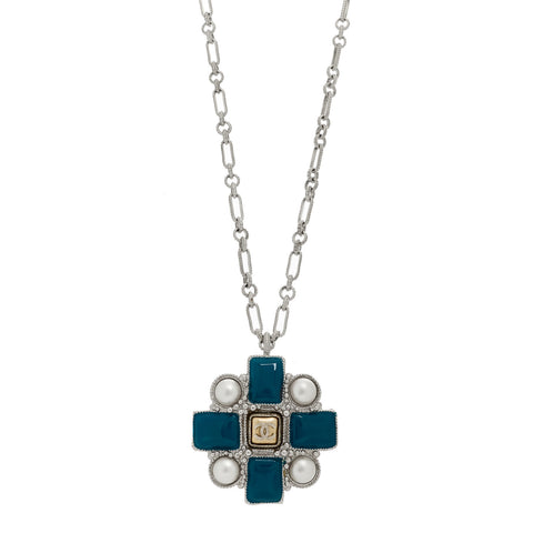 Gripoix Poured Glass Pearl CC Pendant Necklace Turquoise Silver
