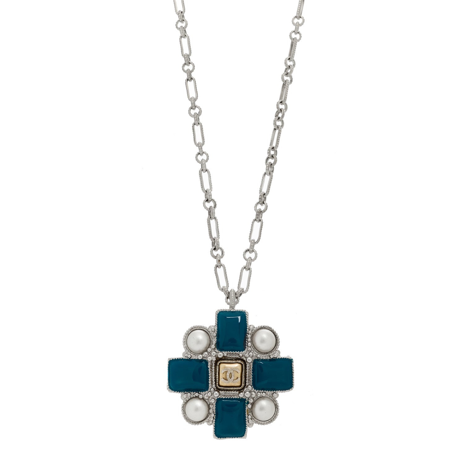 Chanel Gripoix Poured Glass Pearl CC Pendant Necklace Turquoise Silver 1 of 6