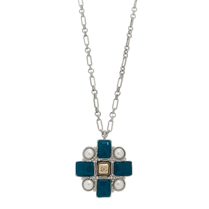 Chanel Gripoix Poured Glass Pearl CC Pendant Necklace Turquoise Silver 1 of 6