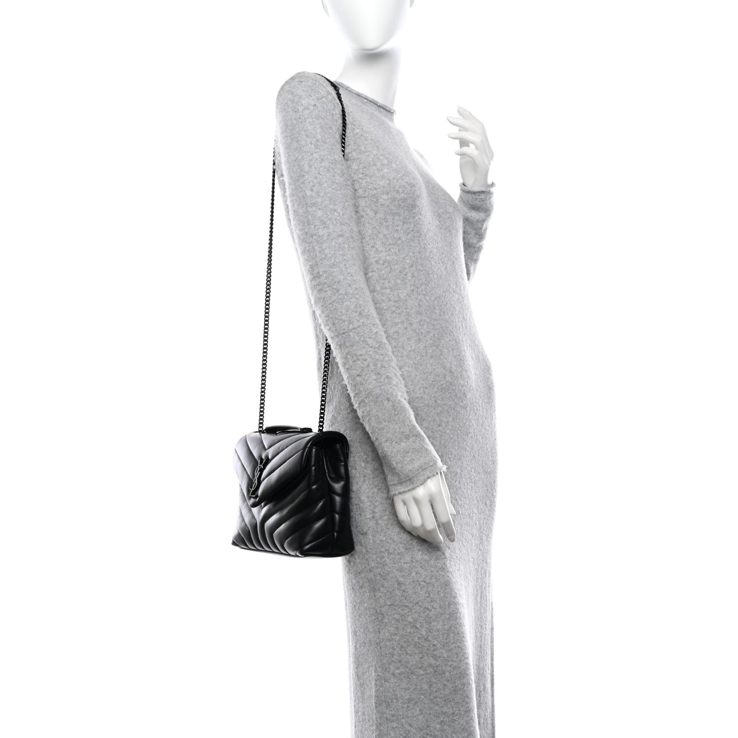 SAINT LAURENT Calfskin Y Quilted Monogram Monochrome Small Loulou Chain Satchel Black