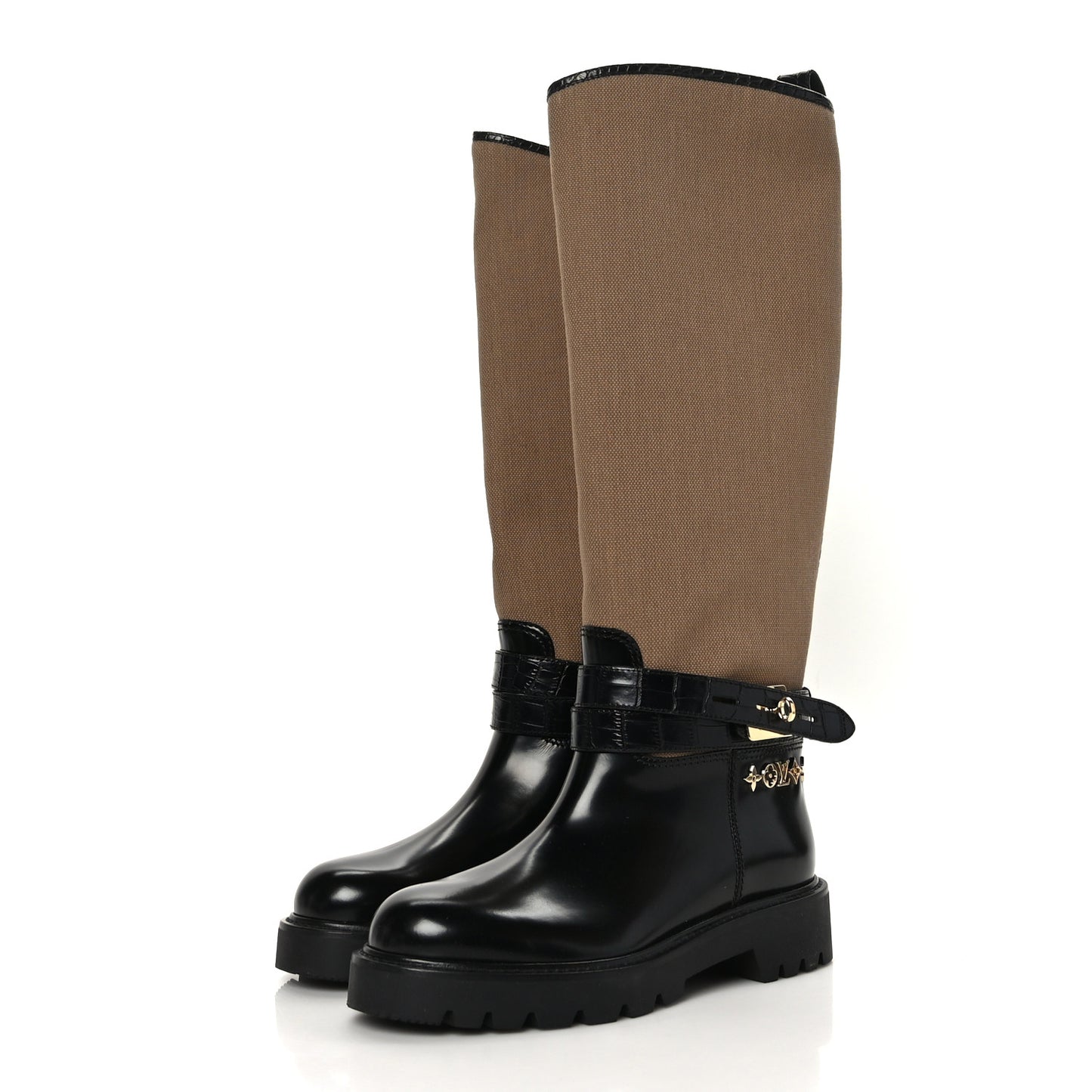 Canvas Calfskin Territory Flat High Ranger Boots 37 Khaki