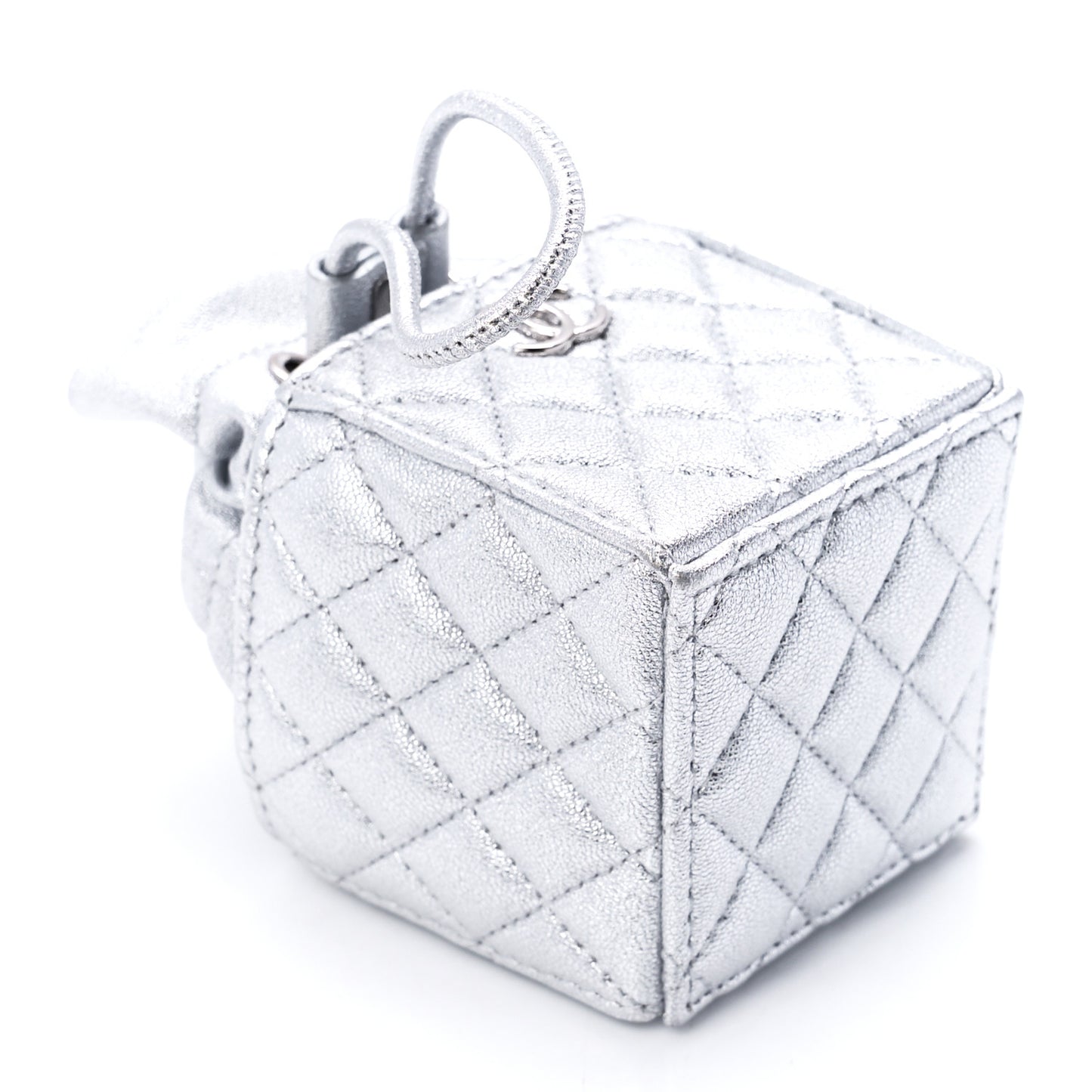 Metallic Caviar Quilted Mini Drawstring Bucket Bag Silver