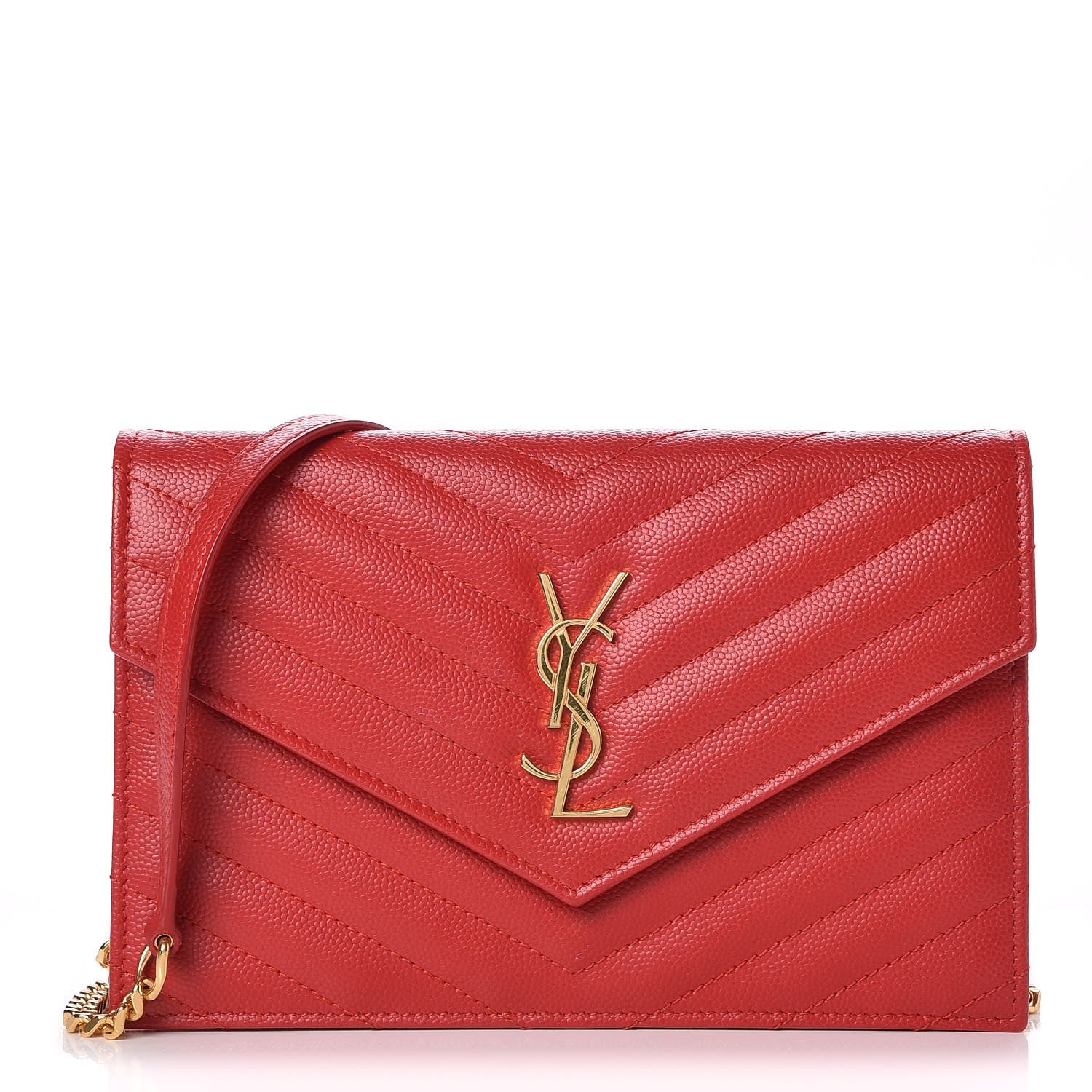 Saint Laurent Grain De Poudre Matelasse Chevron Monogram Envelope Chain Wallet New Red 1 of 8