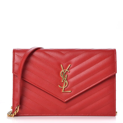 Saint Laurent Grain De Poudre Matelasse Chevron Monogram Envelope Chain Wallet New Red 1 of 8