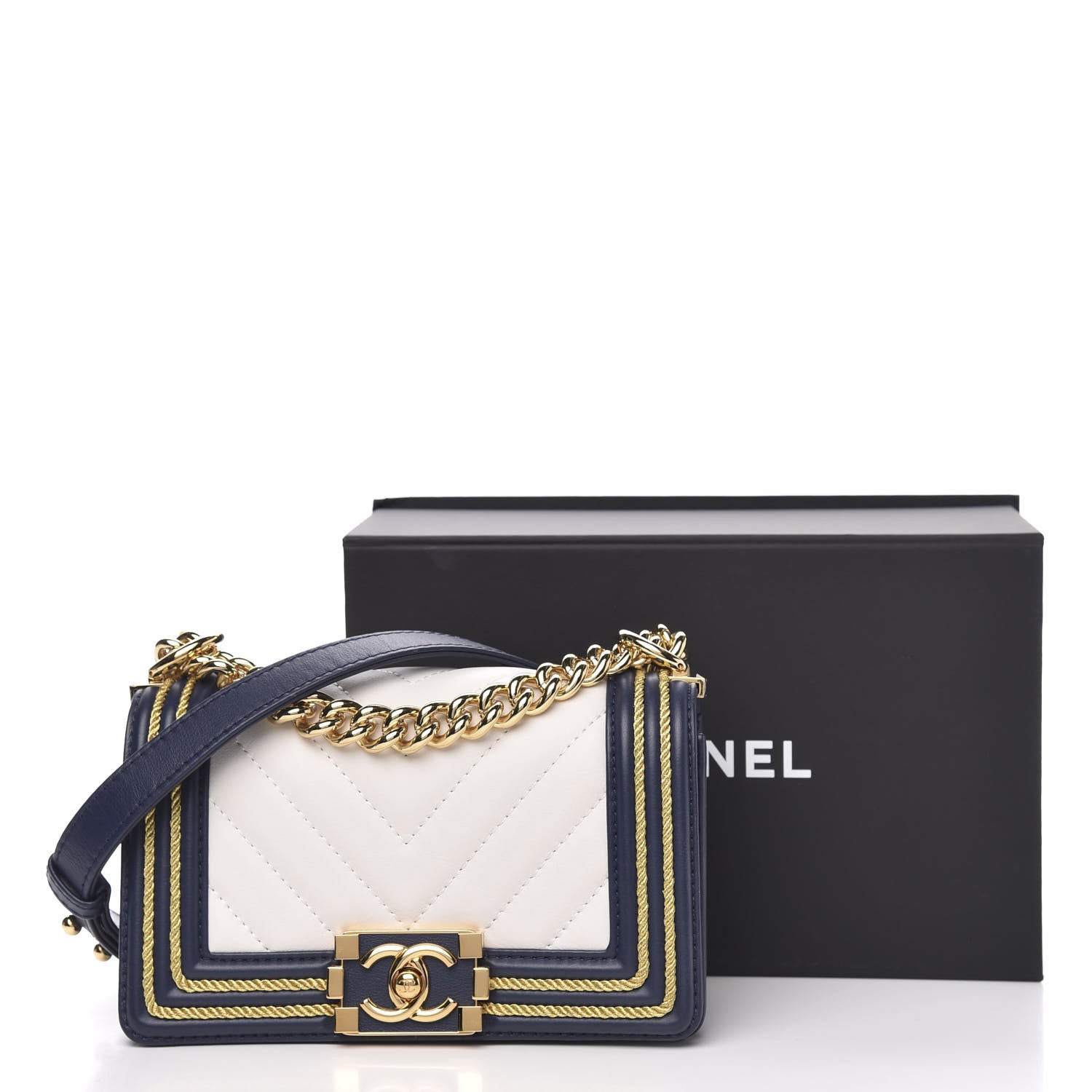 Chanel Calfskin Chevron Quilted Braided Small Boy Flap White Navy 11 of 11