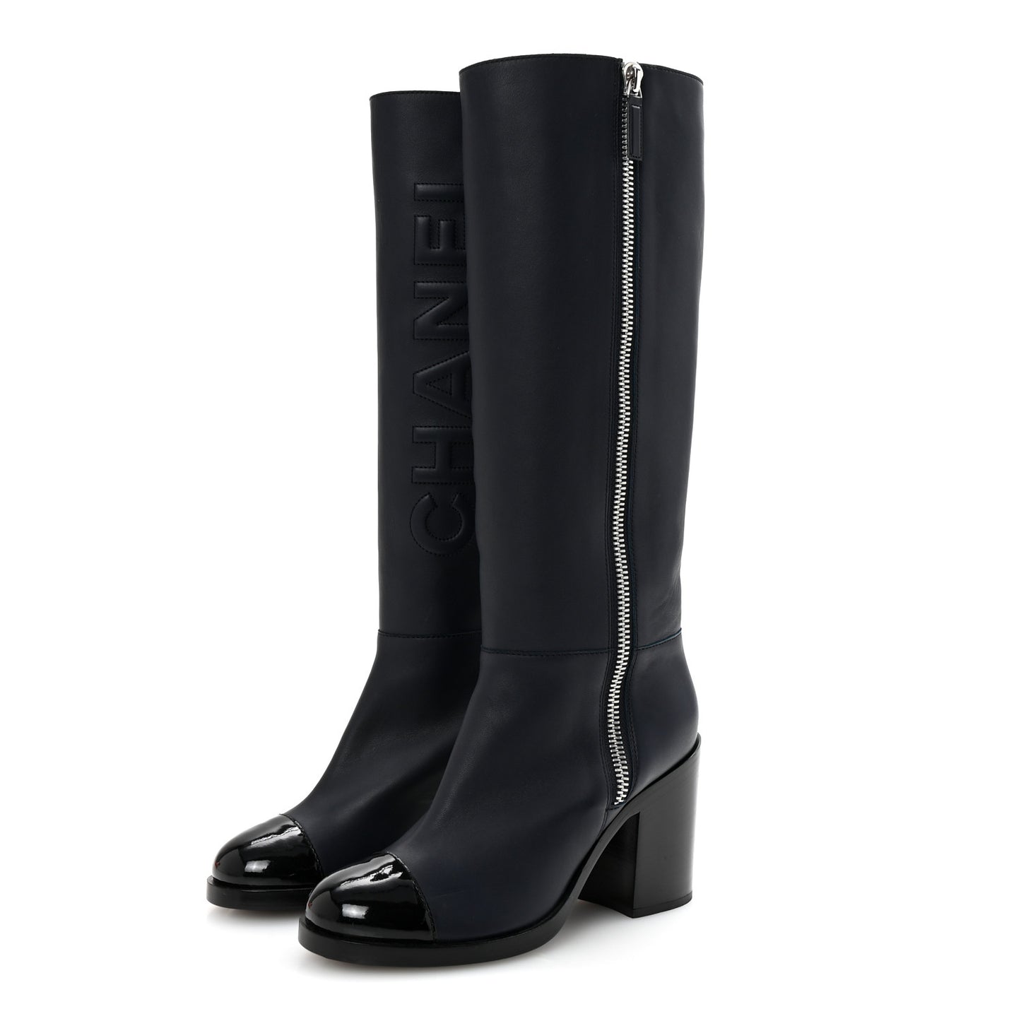 Calfskin Patent Cap Toe Quilted Logo Knee High Boots 39 Black