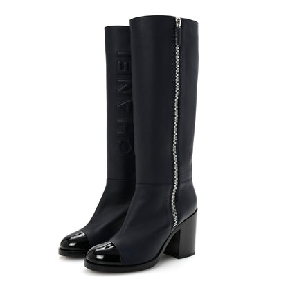 Chanel Calfskin Patent Cap Toe Quilted Logo Knee High Boots 39 Black 4 of 9