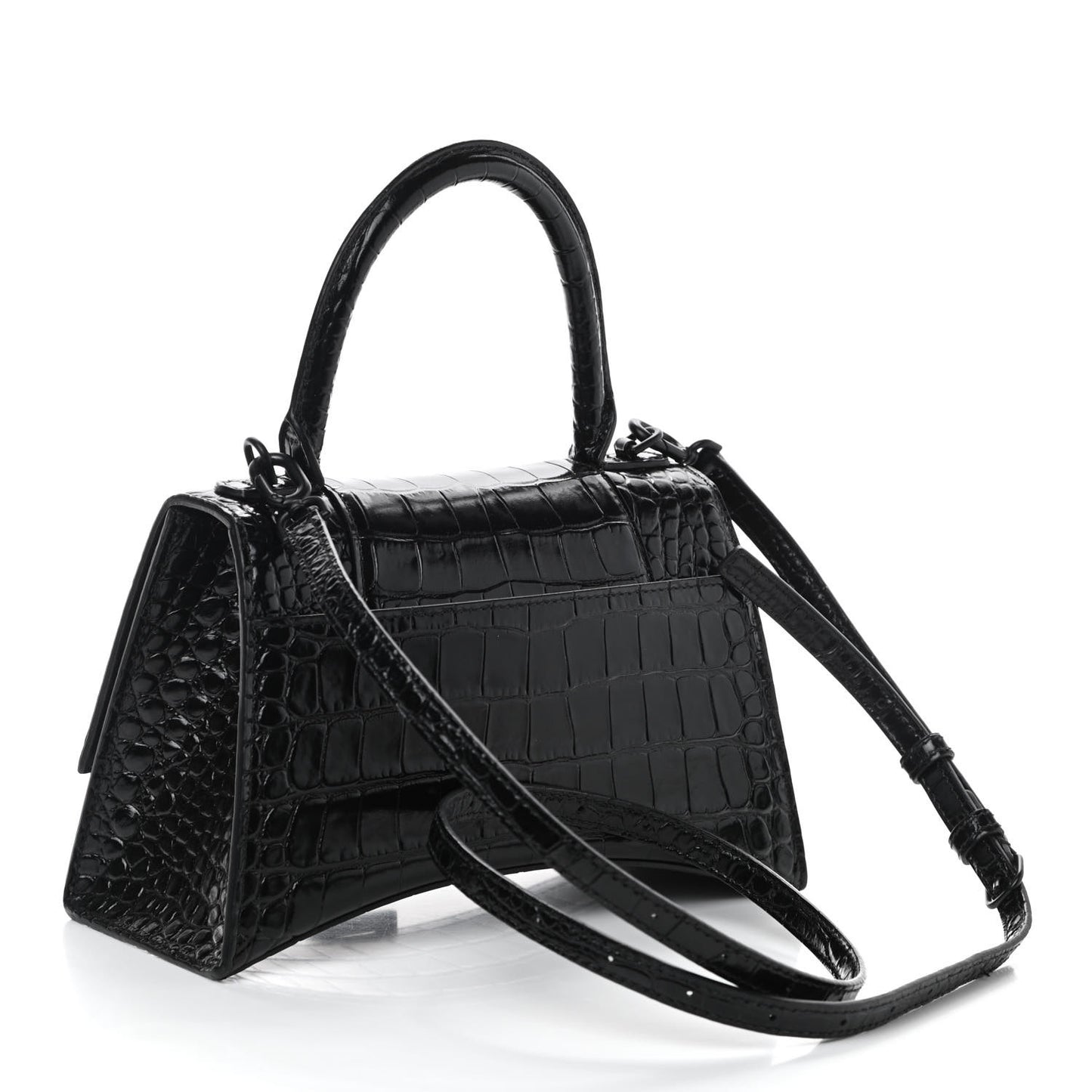 Shiny Calfskin Monochrome Crocodile Embossed Small Hourglass Top Handle Bag Black
