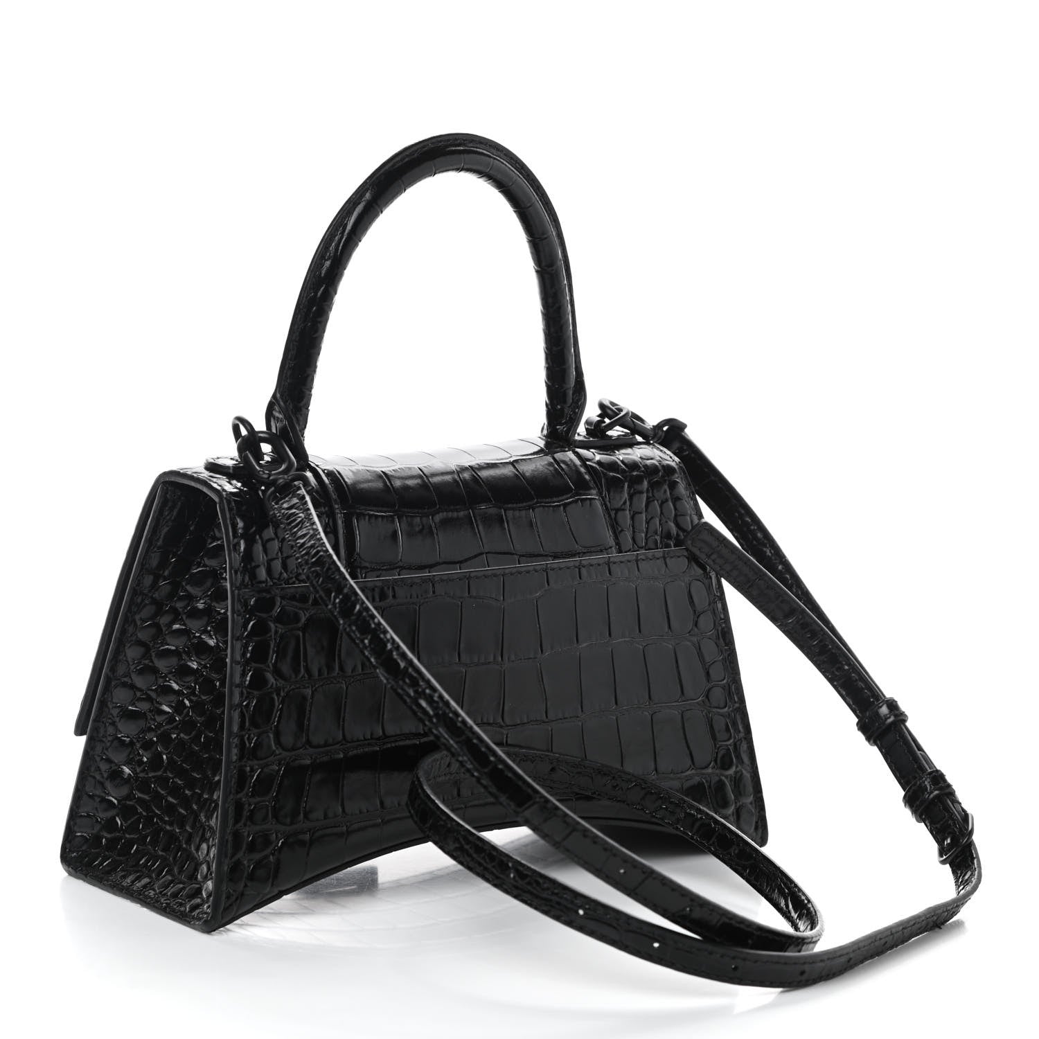Balenciaga Shiny Calfskin Monochrome Crocodile Embossed Small Hourglass Top Handle Bag Black 3 of 8