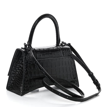 Balenciaga Shiny Calfskin Monochrome Crocodile Embossed Small Hourglass Top Handle Bag Black 3 of 8
