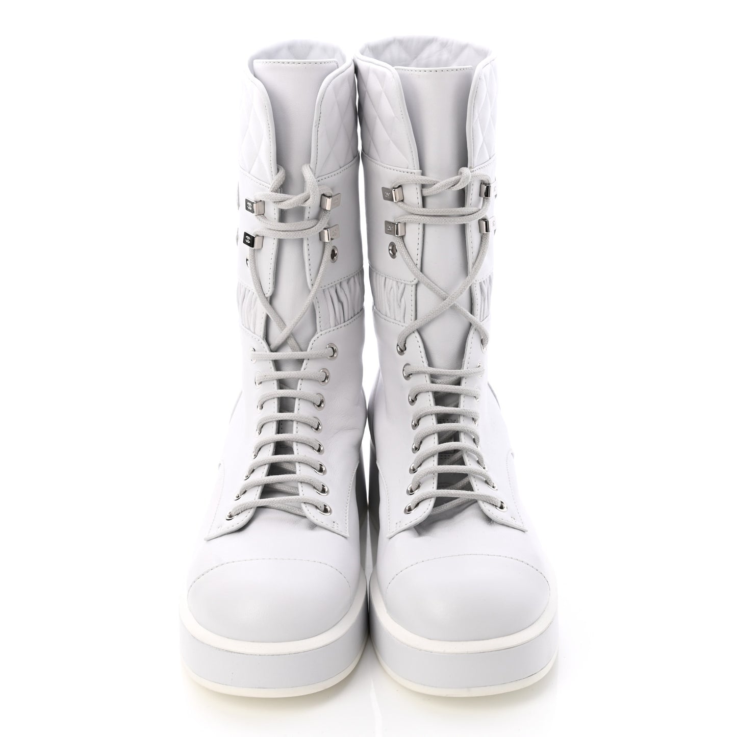 Lambskin Quilted Lace Up Combat Boots 38 White