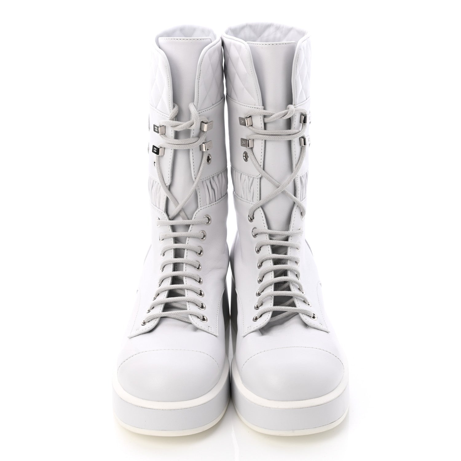 Chanel Lambskin Quilted Lace Up Combat Boots 38 White 2 of 9