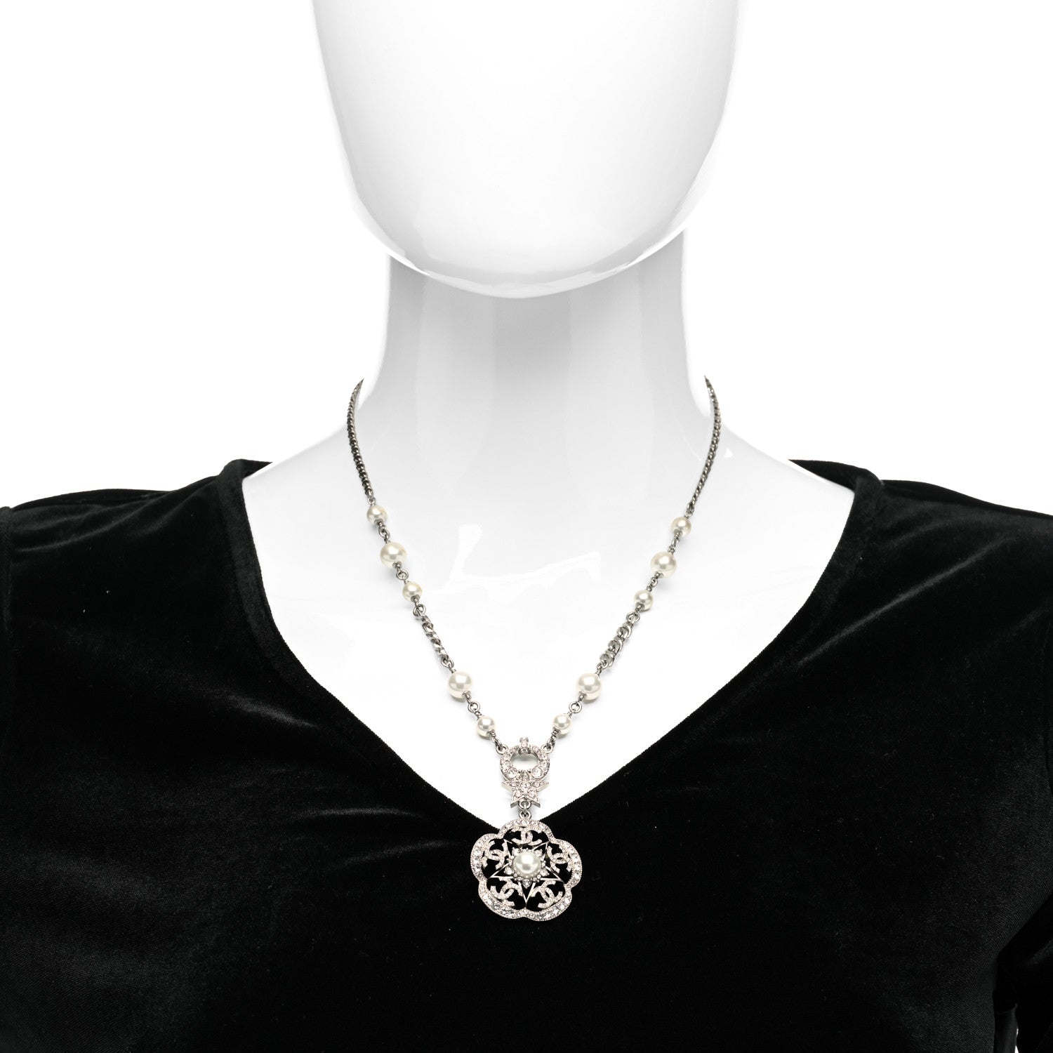 Chanel Pearl Crystal Flower Necklace Silver 2 of 5
