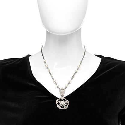 Chanel Pearl Crystal Flower Necklace Silver 2 of 5