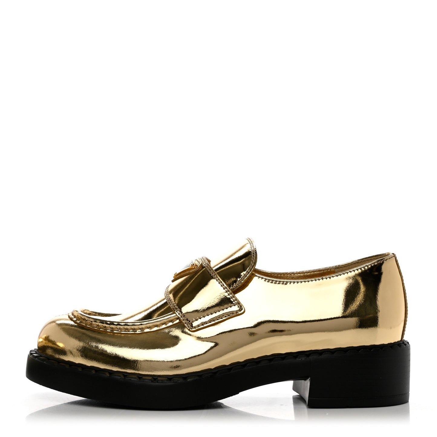 Metallic Brushed Calfskin Metal Triangle Logo 50mm Loafers 39 Platino
