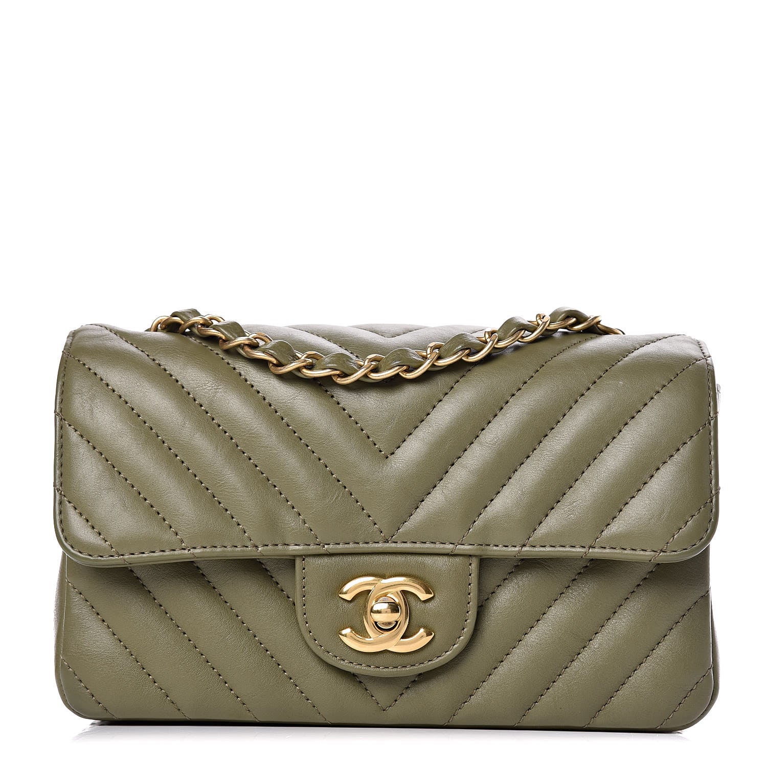 Chanel Calfskin Chevron Quilted Mini Rectangular Flap Khaki 1 of 10