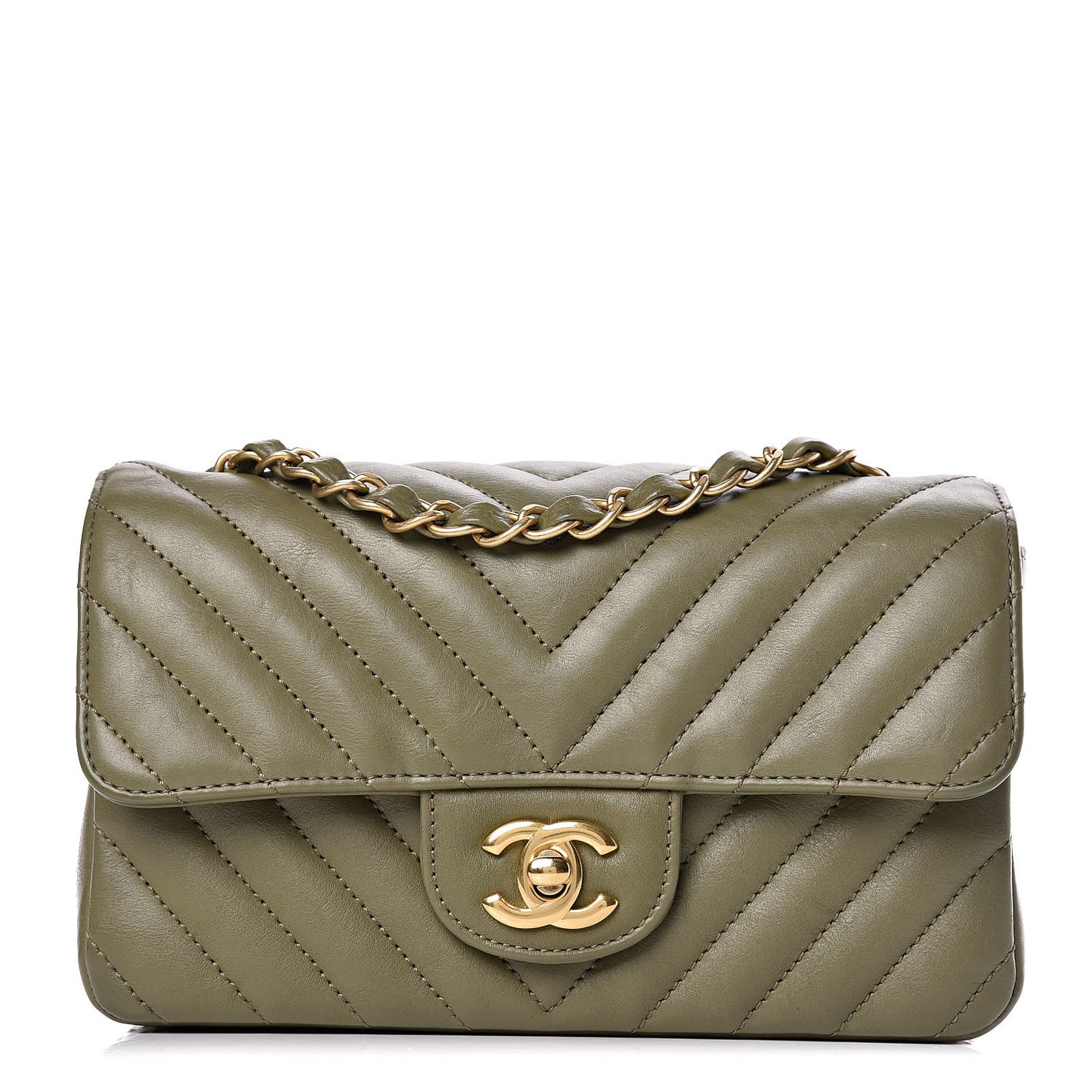 Calfskin Chevron Quilted Mini Rectangular Flap Khaki