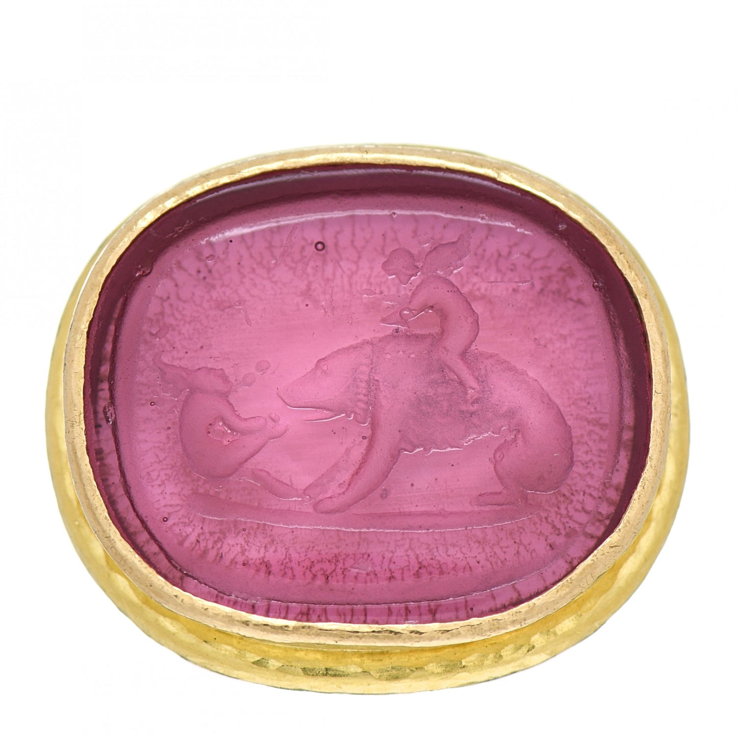 19K Yellow Gold Venetian Glass Intaglio Cupid Riding Bear Ring Pink 57 8
