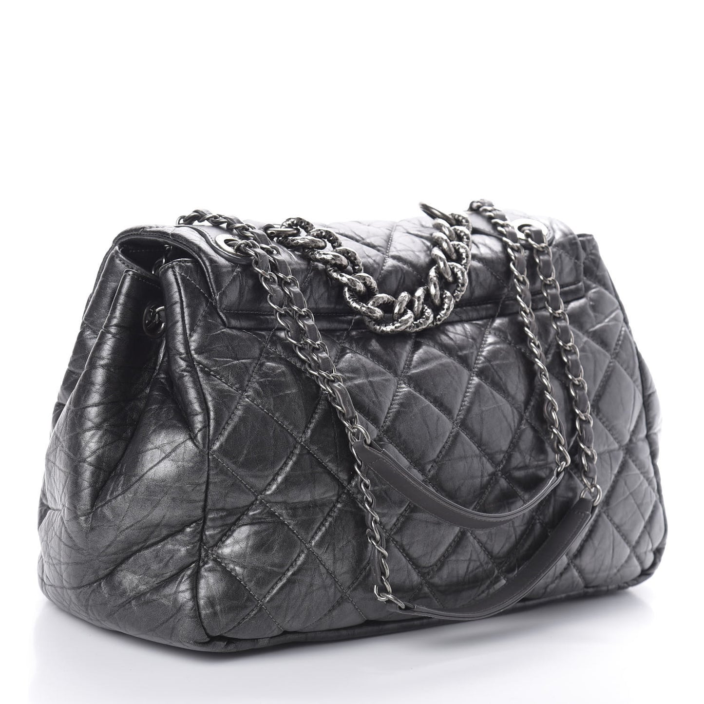 Metallic Aged Calfskin Quilted Large Pondichery Flap Dark Grey