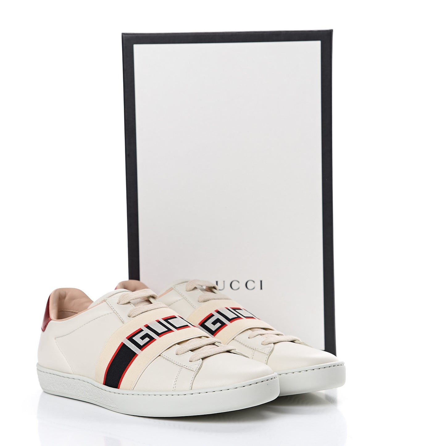 Calfskin Stripe Womens New Ace Sneakers 37.5 New Mystic White Ecru Red Flame