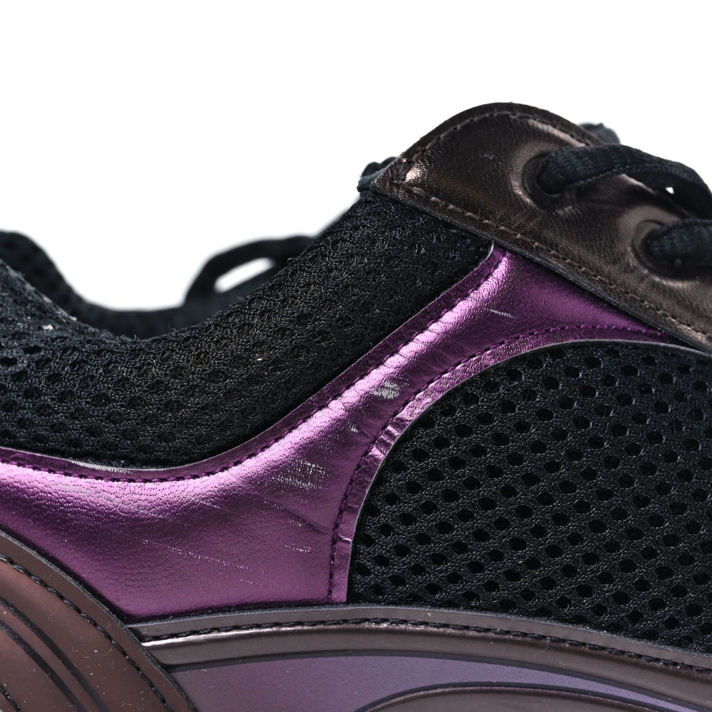 Fabric Laminated Calfskin Stretch CC Womens Sneakers 37.5 Black Purple Burgundy