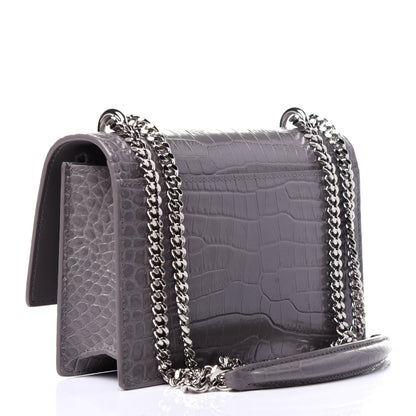 Saint Laurent Calfskin Crocodile Embossed Monogram Sunset Chain Wallet Fog 3 of 11