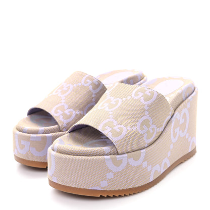 Gucci Monogram Jumbo GG Platform Slide Wedge Sandals 39.5 Beige Lapis 4 of 9