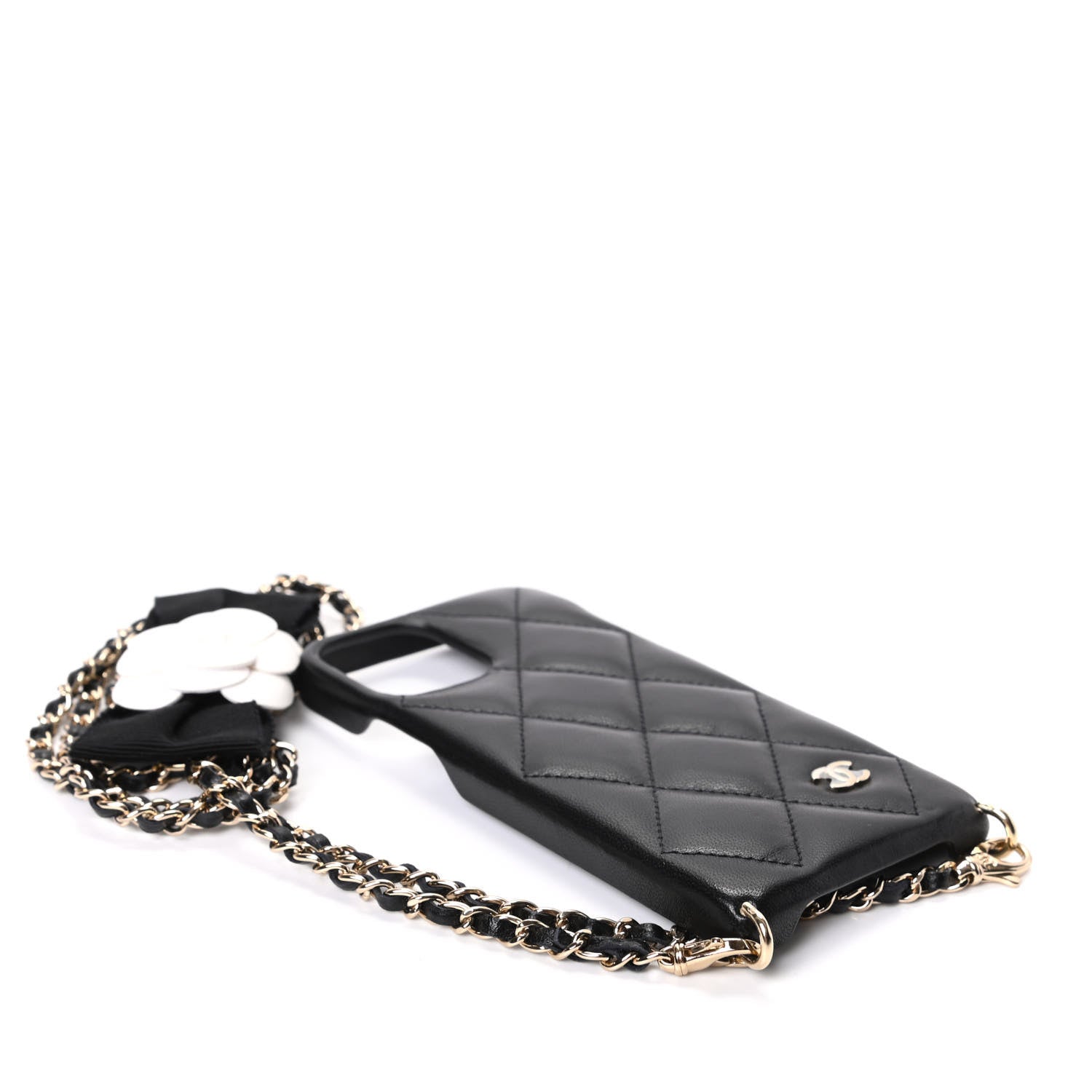 Chanel Lambskin Quilted Camellia Bow iPhone XII Pro Holder With Chain Black 3 of 6