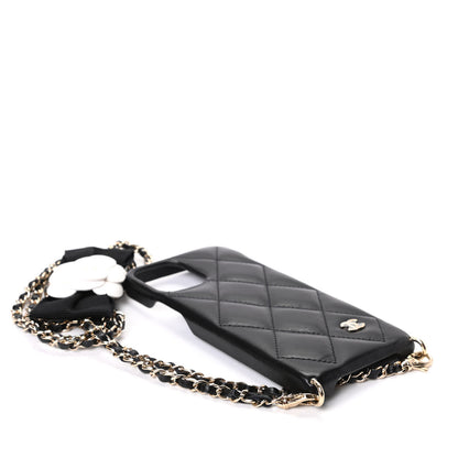 Chanel Lambskin Quilted Camellia Bow iPhone XII Pro Holder With Chain Black 3 of 6