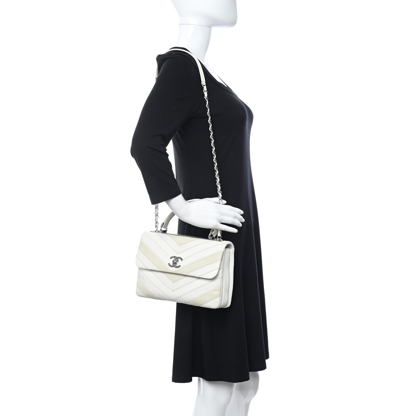 Calfskin Sheepskin Watersnake Chevron Quilted CC Small Trendy CC Dual Handle Flap Bag White