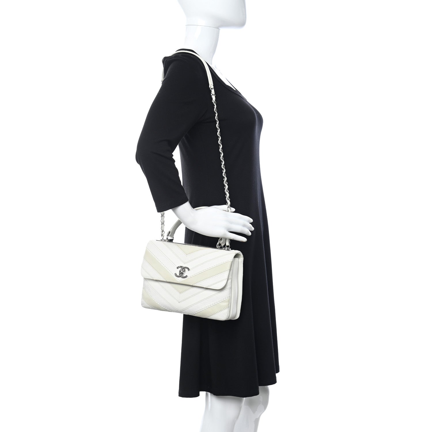 Chanel Calfskin Sheepskin Watersnake Chevron Quilted CC Small Trendy CC Dual Handle Flap Bag White 2 of 10