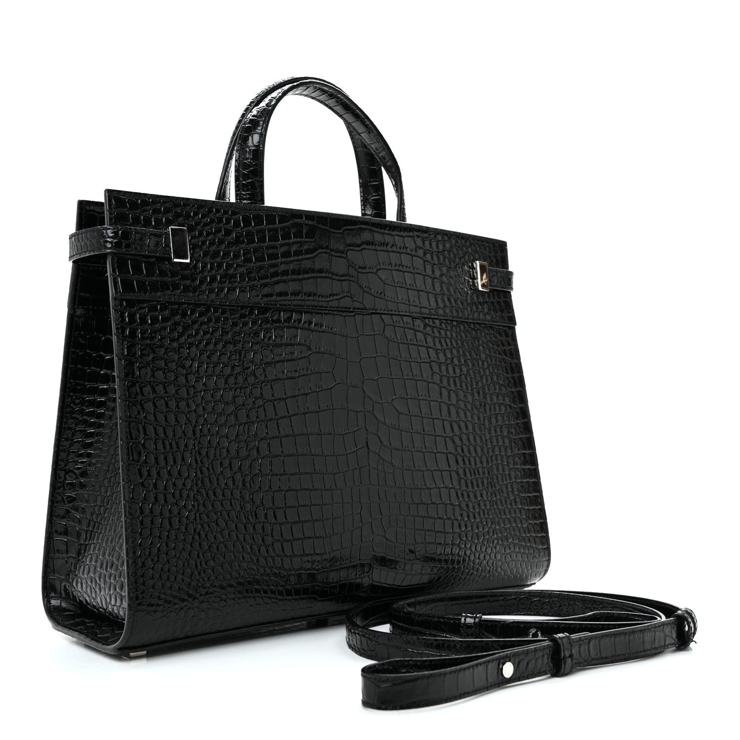 Saint Laurent Shiny Calfskin Crocodile Embossed Small Manhattan