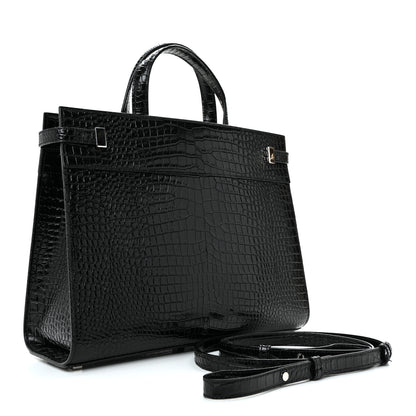 Saint Laurent Shiny Calfskin Crocodile Embossed Small Manhattan Shopper Tote Black 3 of 10