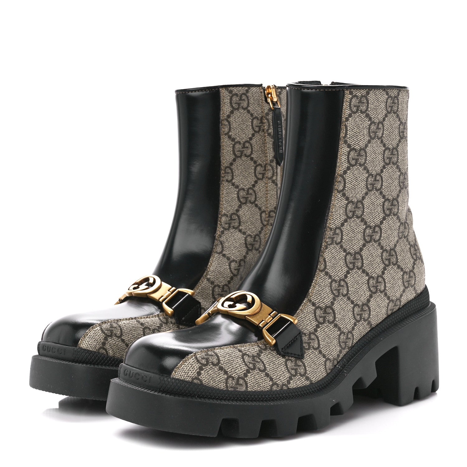 Gucci GG Supreme Monogram Magnum Calfskin Interlocking G Womens Lug Sole Ankle Boots 35.5 Beige Ebony Black 3 of 10