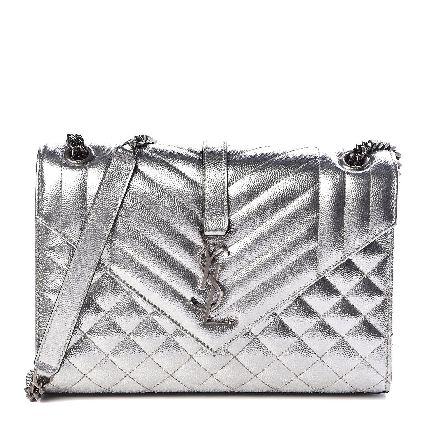 Metallic Grain De Poudre Textured Mixed Matelasse Triquilt Medium Monogram Satchel Silver