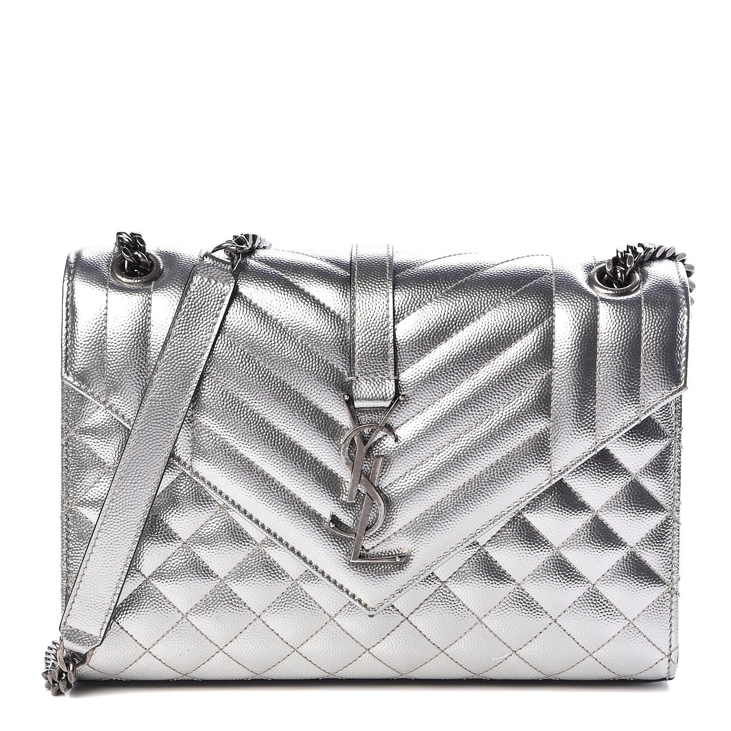 Saint Laurent Metallic Grain De Poudre Textured Mixed Matelasse Triquilt Medium Monogram Satchel Silver 1 of 10