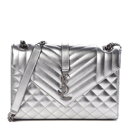 Saint Laurent Metallic Grain De Poudre Textured Mixed Matelasse Triquilt Medium Monogram Satchel Silver 1 of 10